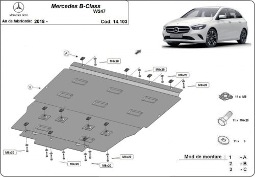 Mercedes B-Classe, 2018-2024 - Acél Motor, váltó és hűtővédő lemez