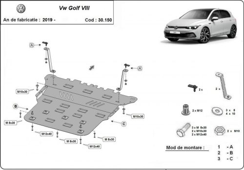 VW Golf 8, 2019-2024 - Acél Motor, váltó és hűtővédő lemez