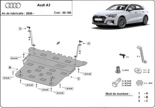 Audi A3, 2020-2024 - Acél Motor, váltó és hűtővédő lemez