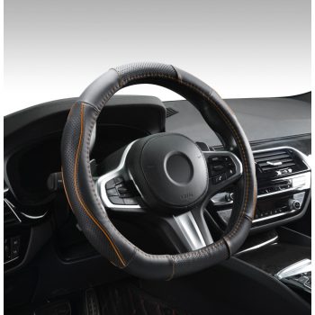   Valódi bőr kormányvédő, szellőző lyukacsos - D-forma - 36-38cm - fekete/narancs betétes mintával