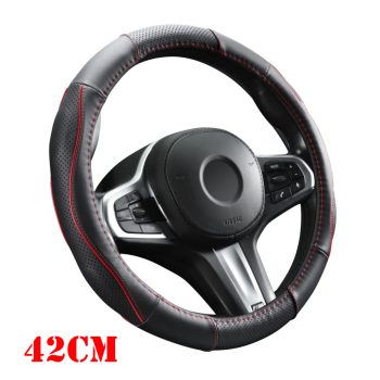   Valódi bőr kormányvédő, szellőző lyukacsos - fekete/piros betétes mintával - 41-43cm