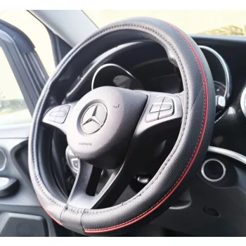   Bőrhatású kormányvédő huzat - 38cm - fekete/piros betétes