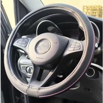   Bőrhatású kormányvédő huzat - 38cm - fekete/pink betétes