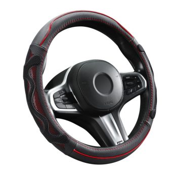   Genuine Leather valódi bőr kormányvédő - 38cm - fekete-piros - DW-5002R