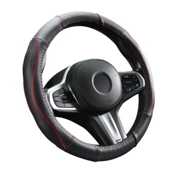   Valódi bőr kormányvédő szellőző lyukacsos piros betétes mintával - 36-38cm - DW-5506R