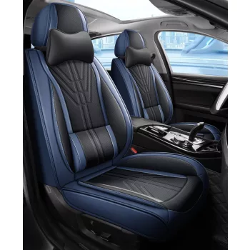   13 részes prémium műbőr üléshuzat szett nyakpárnákkal - légzsákos - osztható - fekete/sötétkék