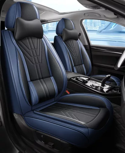 13 részes prémium műbőr üléshuzat szett nyakpárnákkal - légzsákos - osztható - fekete/sötétkék