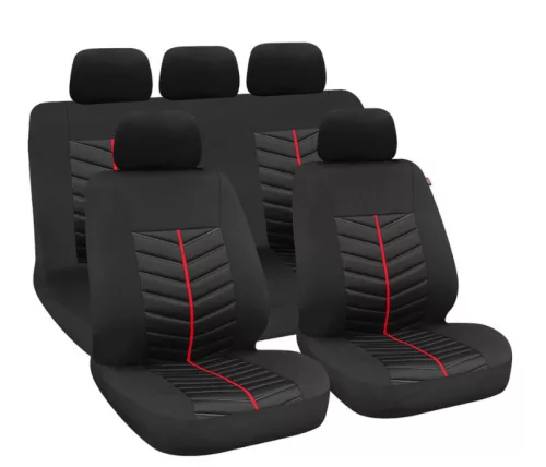 9 részes univerzális üléshuzat szett - 2 helyen osztható - légzsákos - fekete/piros csíkkal