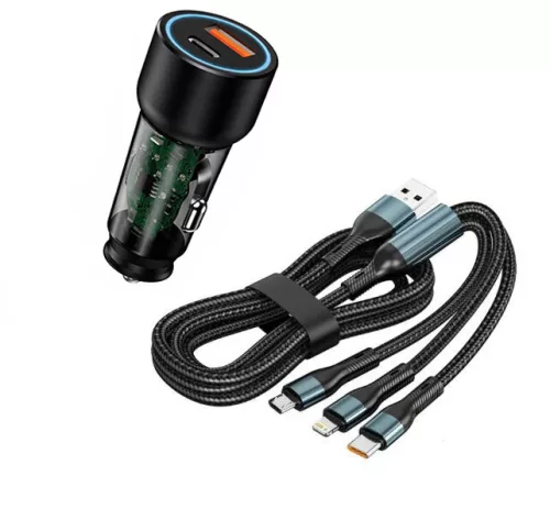 Autós gyors töltő USB/USB-C + 3 az 1-ben - 5A 20W 12-24V