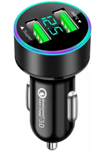 Autós töltő + voltmérő - 2USB - Quick Charge 3.0 - 12-24V