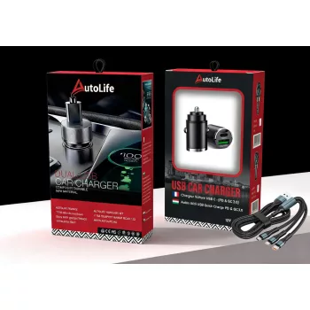   Autós gyorstöltő + 3in1 gyorstöltő kábel - 2 portos - 12/24V