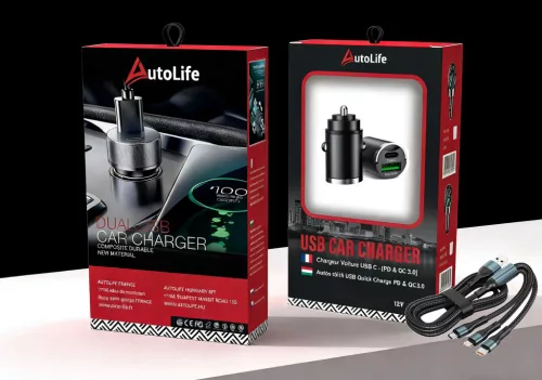 Autós gyorstöltő + 3in1 gyorstöltő kábel - 2 portos - 12/24V