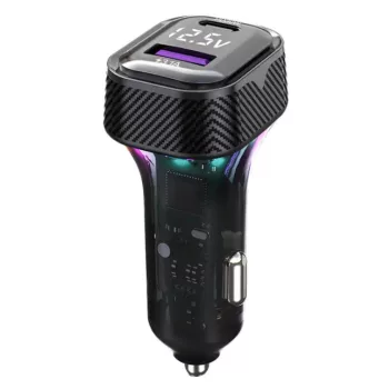   Szivargyújtós gyorstöltő 45W - PD Type-C + USB, RGB világítással és beépített voltmérővel