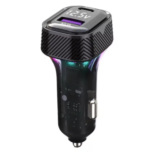 Szivargyújtós gyorstöltő 45W - PD Type-C + USB, RGB világítással és beépített voltmérővel