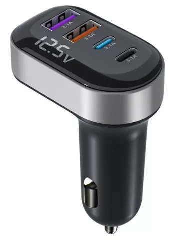 Szivargyújtós autós töltő - 4 portos, beépített voltmérővel - 12/24V 15W