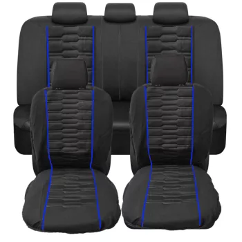   9 részes univerzális üléshuzat szett - légzsákos - fekete színű -kék csíkokkal