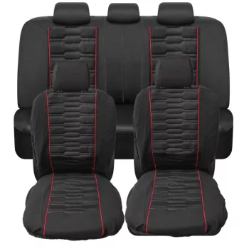   9 részes univerzális üléshuzat szett - légzsákos - fekete színű - piros csíkokkal