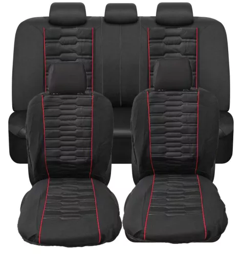 9 részes univerzális üléshuzat szett - légzsákos - fekete színű - piros csíkokkal