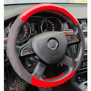 Műbőr kormányvédő - 38cm - fekete-piros - 203-9