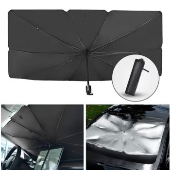   Összecsukható napernyő autóhoz, esernyő formájú, fekete-ezüst - 140 x 79 cm