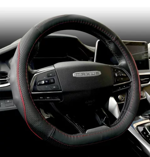 Bőr kormányvédő "D" típusú - fekete/piros betéttel - 38cm - KV-5209D/BR