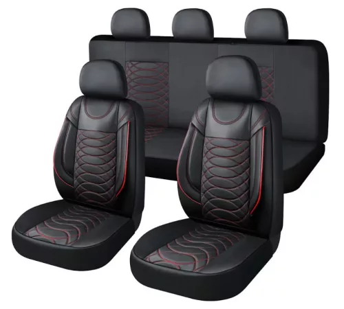 11 részes műbőr univerzális üléshuzat szett - 2helyen osztható, légzsákos - fekete-piros