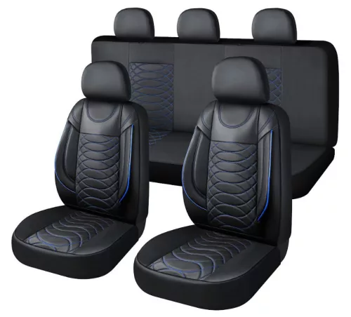 11 részes műbőr univerzális üléshuzat szett - 2helyen osztható, légzsákos - fekete-kék 