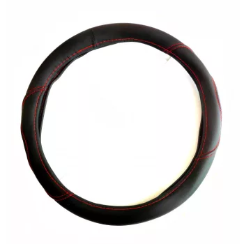   Bőrhatású kormányvédő - fekete, piros varrással - 38cm