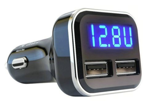USB autós töltő + digitális voltmérő - 24W-4,8A