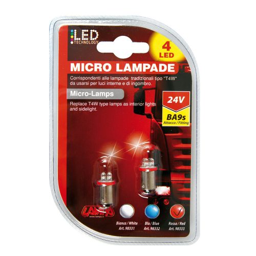 Lampa 24V BA9S 4 LED, piros színű - párban