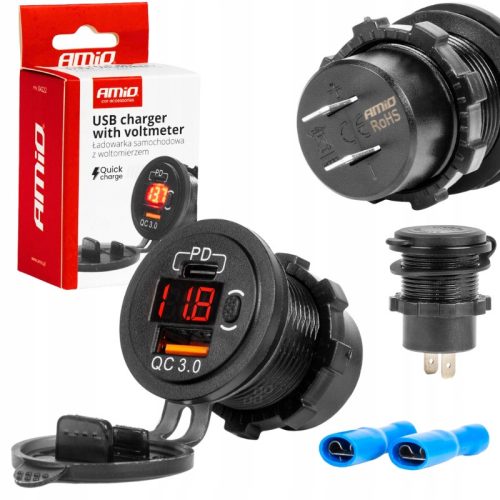 Amio beépíthető USB/USB-C aljzat voltmérővel - vízálló - 12/24V