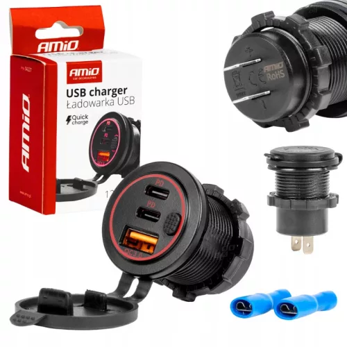 Amio beépíthető aljzat - USB/Dupla USB-C - vízálló - 12/24V