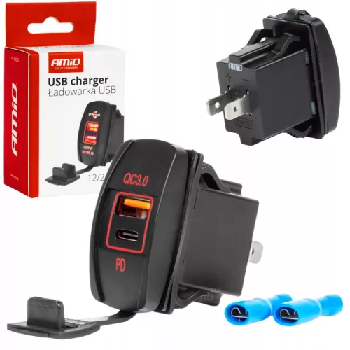 Amio beépíthető, vízálló aljzat - USB/USB-C - 12/24V