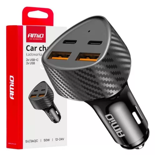 Amio szivargyújtós töltő - dupla USB+ USB C - 50W