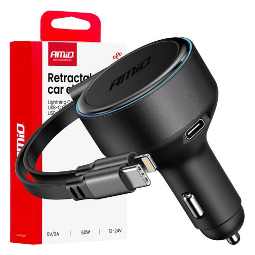 Amio szivargyújtós autós töltő - USB-C - Lightning, behuzható - 60W 12/24V
