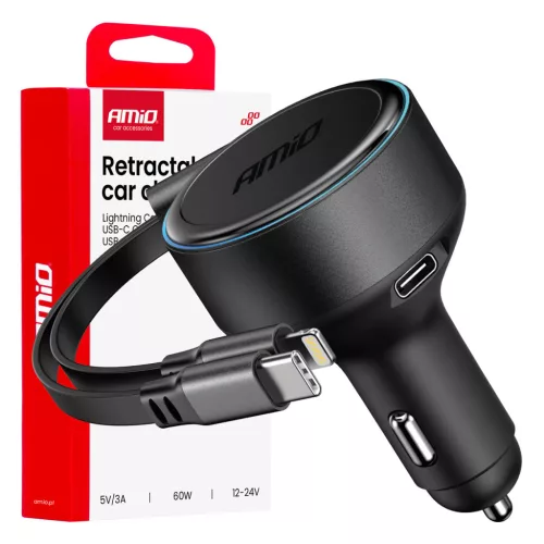 Amio szivargyújtós autós töltő - USB-C - Lightning, behuzható - 60W 12/24V