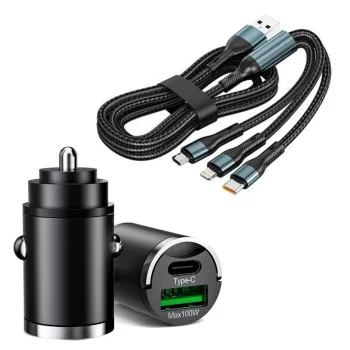   Autós gyorstöltő + 3in1 gyorstöltő kábel - 2 portos - 12/24V