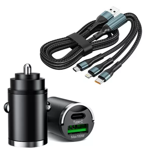 Autós gyorstöltő + 3in1 gyorstöltő kábel - 2 portos - 12/24V