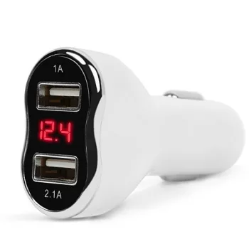   Szivargyújtós USB töltő + Voltmérő - 2xUSB - fehér - 1A/2,1A