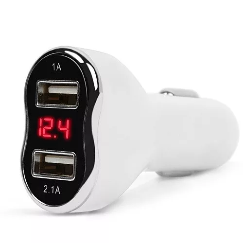 Szivargyújtós USB töltő + Voltmérő - 2xUSB - fehér - 1A/2,1A