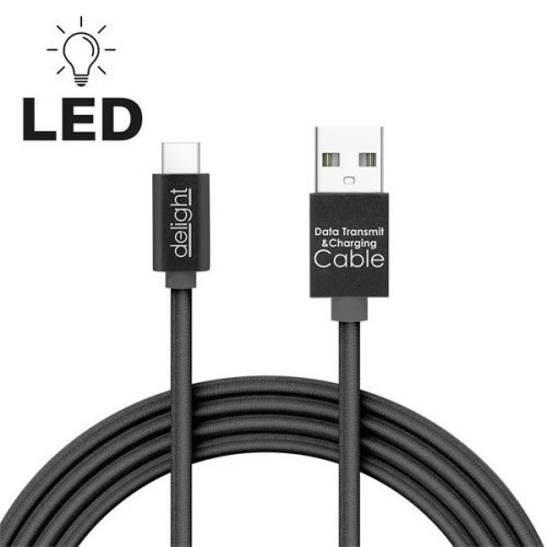 Delight USB-C mobil kábel - 100cm - LED fénnyel - fekete