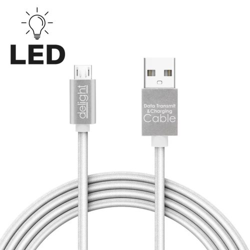 Delight MicroUSB mobil kábel - 100cm - LED fénnyel - fehér