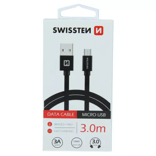Swissten textil microUSB mobil kábel - fekete - 300cm