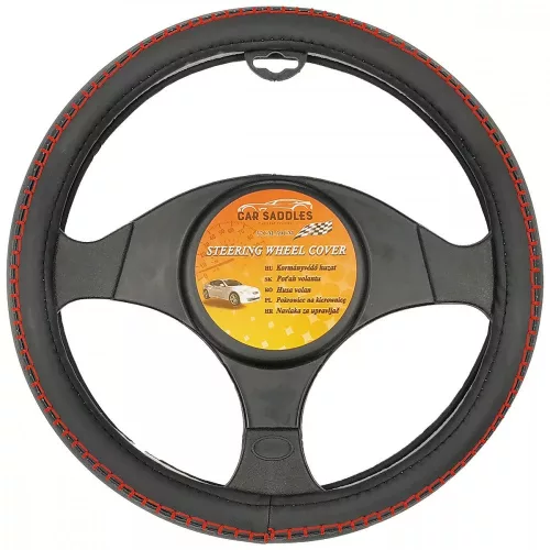 Car Sadless műbőr kormányvédő - 37-39cm - fekete/piros varással