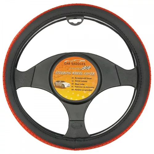 Műbőr kormányvédő - fekete/piros varással - 37-39cm