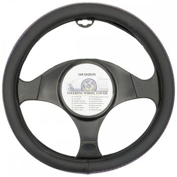   Műbőr kormányvédő - fekete - lila hullámos mintával - 37-39cm