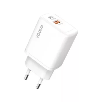   YooUp NC56-D dupla hálózati töltő - USB- Type-C - PD20W - fehér
