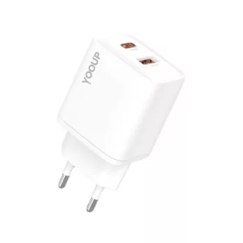   YooUp NC63-D dupla hálózati töltő - USB-Type-C - PD 20W - fehér
