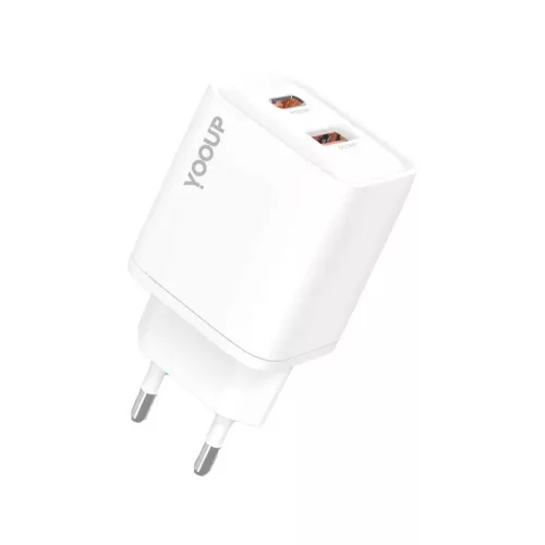 YooUp NC63-D dupla hálózati töltő - USB-Type-C - PD 20W - fehér
