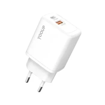   YOOUP NC56-D USB+USB-C 18W/20W 1,5A/1,67A hálózati töltő - fehér